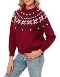 Fair Isle Christmas Sweater for Women Snowflake Knit Sweater Long Sleeve Pullover Red XL