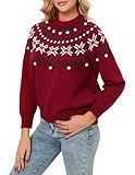 Fair Isle Christmas Sweater for Women Snowflake Knit Sweater Long Sleeve Pullover Red S