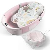 Collapsible Baby Bathtub - Large Baby Bath Tub with Thermometer & Cushion | Travel Portable Newborn Infant Bathtub | Foldable Toddler Bathtub for Baby 0 to 36 Months (Pink)