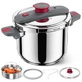 MICHELANGELO Stovetop Pressure Cooker Stainless Steel, 8.5 qt, 304 Stainless Steel, 6-Fold Safety System, One-Hand Easy-Open Lid, 2 Pressure Settings, Induction Compatible, Steamer Basket & Glass Lid