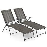 Tangkula Outdoor Lounge Chairs Set of 2, Patio Folding Chaise Recliner with 6-Level Backrest, Breathable Seat Fabric & Solid Metal Frame, Adjustable Reclining Chairs for Poolside, Backyard (Brown)