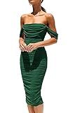 PRETTYGARDEN Women's Summer Off The Shoulder Ruched Bodycon Dresses Sleeveless Fitted Party Club Midi Dress (Dark Green,Medium)