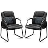 Sweetcrispy Waiting Room Guest Chair Set of 2, Leather Stationary Office Reception Chairs No Wheel, Comfy Padded Arms and Seld Base, for Conference Room Lobby Home Computer Desk Bedroom Elderly, Black