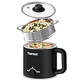 Topwit Hot Pot Electric with Steamer, 1.6L Ramen Cooker, Electric Pot for Pasta, Shabu-Shabu, Oatmeal, Soup and Egg, Portable Cooker with Dual Power Control, Dorm Room Essentials, Black