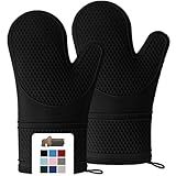 GORILLA GRIP Heat Resistant Durable Silicone Oven Mitts, BPA-Free Protective Grilling Potholders, Soft Cotton Lining, Flexible Waterproof Cooking Mitt Set, Kitchen Home Essentials, 12.5x8.3, Black