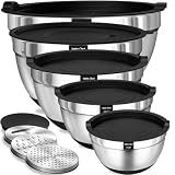 Umite Chef Mixing Bowls with Airtight Lids Set, 8PCS Stainless Steel Nesting Bowls Set, 3 Grater Attachments & Non-Slip Bottoms, Size 5, 4, 3.5, 2, 1.5QT for Baking & Mixing(Black)