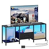 JARHETUN TV Stand with LED Lights, Entertainment Center with Open Shelves and Fabric Drawer, Media Console for 55 Inch TV, Television Stands for Living Room, Bedroom, Black