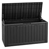 Fancyango 150 Gallon Outdoor Deck Box Waterproof, Large Storage Box for Patio, Resin Storage Bench Lockable for Garden Tools, Package Delivery, Black