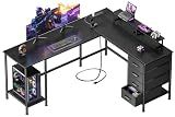 Korfile 59 inch L Shaped Computer Desk with Power Outlets, Black