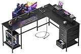 Korfile 59 inch L Shaped Computer Desk with Power Outlets, Home Office Desk with 4 Adjustable Storage Drawers & 2 Monitor Stands, Two Person Gaming Table for Bedroom, Black