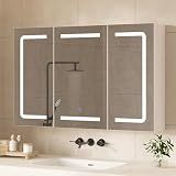 Hasuit Medicine Cabinet Organizer with Mirror, Lighted Bathroom Medicine Cabinet with Storage, 3 Doors Bathroom Wall Cabinet with LED Lights, Adjustable Shelves & Outlets, 35.4'' x 23.6'', White
