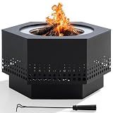 SUNJOY Smokeless Fire Pit 28-Inch Hexagonal Firepit for Outdoor, Stainless Steel Wood Burning Fireplace with Removable Ash Pan, PVC Cover and Fire Poker, Ideal for Camping, Bonfire, Backyard, Black