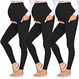 GROTEEN 3 Pack Women's Maternity Leggings Over The Belly with Pockets Buttery Soft Workout Pregnancy Yoga Pants Black