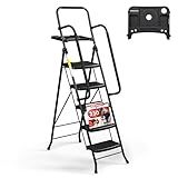 HBTower Step Ladder, Folding Step Stool with Wide Anti-Slip Pedal, Sturdy Steel Ladder, Convenient Handrail, Lightweight, Portable Steel Step Stool