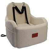 Lealchum Dog Booster Car Seat,Ultra Soft Fabric & Filling Memory Foam,Elevated Cushion,3 Straps & Safety Belt Channel,Anti-Slip Base,Fully Detachable and Washable(Beige,Medium)