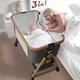 Portable Newborn Baby Bassinet Crib, 3-in-1 Convertible Cot: Bedside Co-Sleeper in Bed, Rocking Cradle & Rolling Bassinet for Baby. Foldable Mini Crib with Wheels, Mattress & Mosquito Net. Wood Finish