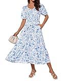 Women Dresses for Wedding Guest Floral Boho Beach Midi Dresses White Blue M