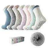Bulinlulu Fuzzy Socks with Grips Mothers Gifts for Women,7 Pairs Non Slip Hospital Sleep Warm Fluffy Non-Skid Thick Slipper Socks with Grippers (Blue/Dark Grey/Brown/Purple/Pink/Green/White)