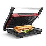 Panini Press - Sandwich Maker with Nonstick Plates - Indoor Countertop Grill for Cooking Burgers, Steak, Grilled Cheese, and More by Chef Buddy (Red)