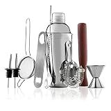 FineDine 10-Piece Cocktail Shaker Set with Travel Bag - Stainless Steel Shaker Set Bartender Kit - Mixology Bartender Kit - Strainer, Muddler, Jigger, Bar Spoon, Bottle Opener, Pour Spouts - Bar Set