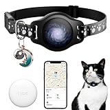 Cat Tracker Collar Waterproof Airtag Cat Collar with Finder Tag (iOS ONLY Not for Android Devices), Compatible with Apple Find My, Breakaway Tractive with Reflective Pattern & Bell, Black, 8-12"
