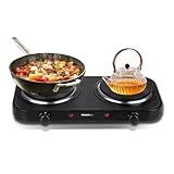 MIOAOTCE Countertop Double Cast Iron Burner 1800 Watts Electric Hot Plate with Adjustable Temperature 6.1" Cooktop for Dorm, Office, Home, Camp, Compatible for All Cookwares