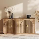 BELLEZE 65 Inch Fluted Buffet Cabinet with Storage, Symmetrical Arc Accent Sideboard Large Console Table for Dining Room, Kitchen, and Living Room (Caramel Brown)