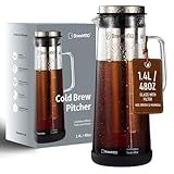 BrewMOO- Airtight Cold Brew Coffee Maker Pitcher, 1.4L/48Oz Thick Glass Carafe with Filter, Comfort Sturdy Handle & Wide Spout, Non-Slip Base | Iced Tea Maker (Black)