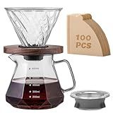 shoxil Pour Over Coffee Maker Set – V60 Drip Coffee Pot with Walnut Handle, Glass Coffee Dripper & 100 Filters, 20oz/600ml Capacity