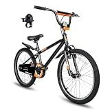 Yventix 20 Inch Kids Bike, BMX Style Children Bicycle for Boys Girls Ages 6-12 with Kickstand Adjustable Seat High Carbon Steel Frame, Beginner Rider Cycling, Black Orange