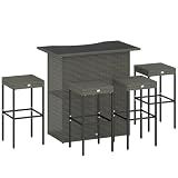 Outsunny 5 Piece Wicker Outdoor Bar Set, High Top Outdoor Table and Chairs, Height Patio Set with Glass Table Top 2 Tier Storage Shelf and 4 Bar Stools for Garden, Poolside, Dark Gray