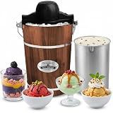 Elite Gourmet EIM949 6Qt Old Fashioned Walnut Wood Bucket Ice Cream Maker