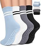 BLONGW Pilates Socks with Grips for Women, Non-Slip Yoga Athletic Socks for Barre Barefoot Workout Hospital (US, Alpha, Small, Medium, Regular, Regular, 3 Blue/White/Gray/Black- 4 Pairs)