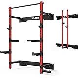 JELENS Folding Squat Rack, Wall Mounted Power Rack for Home Gym, Space Saving Multi-Functional Power Cage with Attachments (Red, SF01 Squat Rack)
