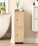 Akxomel Rattan Small Bathroom Cabinet with 2 Doors, 7.9''D x 7.9''W Narrow Toilet Paper Storage Cabinet, Bathroom Organizer for Small Spaces, Wooden Slim Corner Unit with Adjustable Shelf, Natural Oak