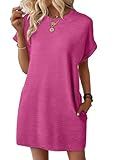 EVALESS Womens Summer Dresses 2025 Fashion Short Sleeve Cute Spring Mini Dress Crewneck Solid Casual Beach Vacation Clothes Tshirt Dresses with Pockets Rose Red Medium