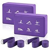 2 Yoga Block and Yoga Strap Set, FHDUSRYO High Density EVA Foam Blocks, Non-slip Yoga Bricks with 6ft Strap, Supportive Latex-Free Yoga Block Kit to Improve Balance and Flexibility (Purple, 9×6×3")