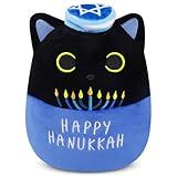 JIAJEGTGT Hanukkah Plush, Cute Black Cat Plush Animal Stuffed Toys, Hanukkah Decorations Plush Pillow with Star of David and Candelabra, Hanukkah Gifts for Kids Boys Girls