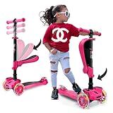 Hurtle Kids Scooter - Child Toddler Kick Scooter Toy with Foldable Seat - 3 Wheel Scooter with Adjustable Height, Anti-Slip Deck, Flashing Wheel Lights, for Boys/Girls 1-12 Year Old, Pink