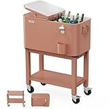 VINGLI Patio Cooler, Rolling Ice Chest on Wheels, Portable Patio Party Bar Drink Cooler Cart, with Shelf, Beverage Pool with Bottle Opener,Water Pipe (Latte, 60QT)