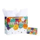 Loveinside Colorful Birthday Gift Bag, Balloons Pattern with HAPPY BIRTHDAY Text, Matching Tissue Paper, Greeting Card and Tag, Ideal for Kids' Birthday Gifts, 13" x 5" x 10", 1 Pcs