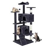 Sweetcrispy 54 Inch Cat Tree Tower, Multi-Level Tower with Cat Scratching Post, Indoor Cat Condo with Climbing Ladder, Plush Toy, Play House for Cat, Dark Grey