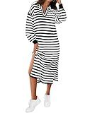 MASCOMODA Womens Fall Dresses 2024 Striped Sweater Dress Casual Long Sleeve V Neck Collared Loose Side Slit Knit Midi Dress(Black,Medium)