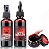 TonJin Halloween Fake Blood Makeup Kit, 3PCS Realistic Washable Costume Blood Set (1.69oz Spray + 1.69oz Dripping + 1.01oz Coagulated ) for Zombie Vampire SFX, Dark Coagulated & Fresh Spray Effects
