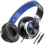 AILIHEN C8 Kids Wired Headphones with Microphone for School, On Ear Headsets with Volume Control Foldable, 3.5mm Jack Computer Chromebook for Children Teens Classroom Online Learning (Black Blue)