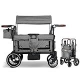 TODEFULL Wagon Stroller for 2 Kids, Foldable Kids Wagon Cart Featuring with Harnesses, Adjustable Double Push Handle, Removable Canopy, Snack Tray, Large Storage Bag, Gray