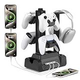 KDD Charging Station for Multiple Devices - 4 Ports Charging Dock with Controller and Headset Stand - 3 USB A & 1 USB C for Cellphone Tablet and Other Electronic - Multi Storage for Gaming Accessories