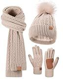 Winter Beanie Hat Scarf Gloves Set for Women, Pom Pom Beanie with Fleece Lined Long Knit Neck Warmer Fingers Touchscreen Gloves, Fashionable Cute Warm 3 in 1 Gift Set for Cold Weather(A-01) Oatmeal