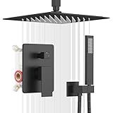 esnbia Shower System, Bathroom 12 Inches Rain Shower Head with Handheld Combo Set, Ceiling Mounted High Pressure Rainfall Dual Shower Head System, Shower Faucet Set with Valve and Trim, Matte Black
