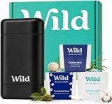 Wild Aluminum Free Natural Deodorant Starter Kit - Refillable Black Case - Natural Ingredients & 24 Hour Odor Protection - Women & Men's - Fresh Clean Scents Variety Pack - Case + 3 Refills